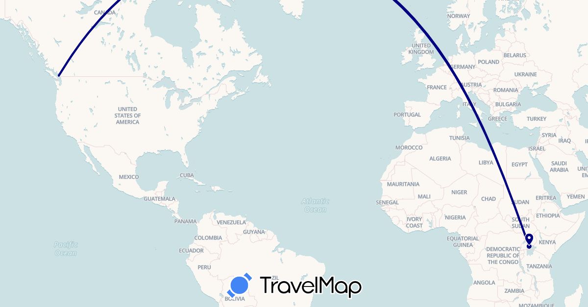 TravelMap itinerary: driving in Canada, Netherlands, Uganda (Africa, Europe, North America)